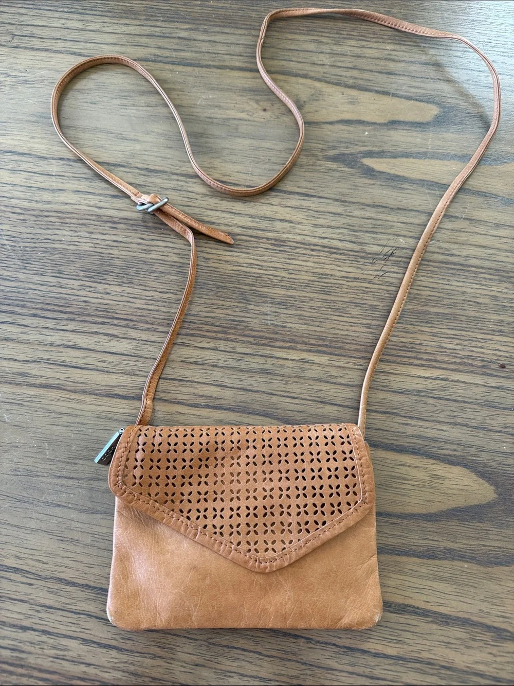 HOBO International Laser Cut Perforated Leather Crossbody Bag Tan Mustard